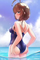 Rule 34 | 1girl, adjusting clothes, adjusting swimsuit, ahoge, alternate costume, arthur ko, ass, ass support, back, blue eyes, blue one-piece swimsuit, blush, braid, breasts, brown hair, cloud, cloudy sky, colored eyelashes, competition school swimsuit, competition swimsuit, day, hair flaps, hair over shoulder, highres, jewelry, kantai collection, looking at viewer, ocean, one-piece swimsuit, open mouth, ring, school swimsuit, shigure (kancolle), shigure kai san (kancolle), single braid, sky, small breasts, swimsuit, water