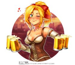 Rule 34 | 1girl, ;), alcohol, beer, beer mug, blonde hair, borrowed character, bow, breasts, choker, cleavage, commentary, corset, cup, detached sleeves, elf, fantasy, green eyes, hair bow, hair over one eye, heart, highres, lin (ronindude), lips, looking at viewer, medium breasts, mleth, mug, one eye closed, original, pointy ears, red bow, smile, solo, waitress