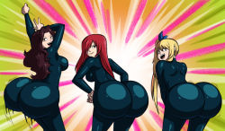 Rule 34 | 3girls, ass, ass focus, ass shake, axel-rosered, blonde hair, breasts, brown eyes, brown hair, cana alberona, erza scarlet, fairy tail, hair over one eye, hand on own hip, hip focus, huge ass, long hair, looking at viewer, looking back, lucy heartfilia, multiple girls, open mouth, ponytail, red hair, sideboob, smile, smirk, spandex