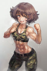 Rule 34 | 1girl, :d, abs, akiyama yukari, biceps, brown eyes, brown hair, camouflage, camouflage pants, camouflage sports bra, girls und panzer, grey background, muscular, muscular female, open mouth, pants, short hair, simple background, smile, solo, steaming body, sweat, teeth, upper teeth only, woodland camouflage, yilx