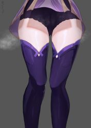 Rule 34 | 1girl, absurdres, cameltoe, cleft of venus, commentary request, genshin impact, grey background, highres, leotard, pirumu, purple thighhighs, raiden shogun, simple background, skindentation, solo, steaming body, thigh focus, thighhighs, thighs, twitter username