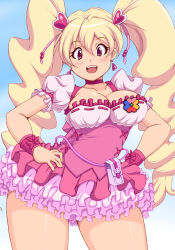 Rule 34 | 1girl, :d, blush, bow, breasts, choker, cleavage, collarbone, cowboy shot, cure peach, dress, earrings, fresh precure!, hair ornament, hands on own hips, heart, heart hair ornament, highres, jewelry, kihaiu, large breasts, legs apart, long hair, looking at viewer, magical girl, momozono love, open mouth, pink bow, pink choker, pink dress, pouch, precure, puffy short sleeves, puffy sleeves, ribbon-trimmed clothes, ribbon-trimmed dress, ribbon trim, short dress, short sleeves, smile, solo, standing, teeth, thighs, twintails, very long hair, wristband