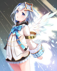Rule 34 | 1girl, absurdres, amane kanata, angel wings, armband, backlighting, blue hair, blue ribbon, bob cut, colored inner hair, feathered wings, feathers, grey eyes, hair intakes, halo, highres, hololive, jacket, looking at viewer, miniskirt, mogmog, multicolored hair, neck ribbon, open mouth, ribbon, short hair, silver hair, single hair intake, skirt, sleeves past wrists, solo, standing, star halo, streaked hair, virtual youtuber, white jacket, wings