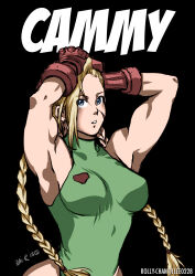 Rule 34 | 1girl, armpits, arms behind head, blonde hair, blue eyes, braid, breasts, cammy white, capcom, gloves, highres, leotard, long hair, looking at viewer, medium breasts, parted lips, rolly-chan, solo, street fighter, twin braids