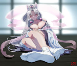 1girl absurdres animal_ear_fluff breasts character_request cleavage feet highres large_breasts long_hair looking_at_viewer purple_eyes silver_hair sitting smile soles solo tabi toes tsa