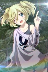 Rule 34 | 1girl, alternate hairstyle, black shirt, blonde hair, blue eyes, blush, breasts, brown shorts, collarbone, elfnein, highres, lens flare, looking at viewer, mole, mole under eye, one eye closed, open mouth, outdoors, senki zesshou symphogear, shirt, short hair, shorts, small breasts, smile, solo, tanashi (mk2), twintails