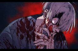 Rule 34 | 1boy, bags under eyes, blood, blood on clothes, blood on face, blood on hands, collarbone, fingernails, gegege no kitarou, glowing, glowing eyes, grey hair, highres, kitarou tanjou: gegege no nazo, licking, licking lips, looking at viewer, male focus, medama oyaji, medama oyaji (human), nive (dn), red background, red eyes, shaded face, sharp fingernails, short hair, solo, teeth, tongue, tongue out