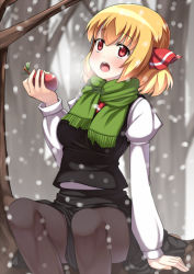 Rule 34 | 1girl, apple, black pantyhose, blonde hair, blush, breasts, food, fruit, hair ribbon, large breasts, long sleeves, nakamura kusata, aged up, open mouth, pantyhose, red eyes, ribbon, rumia, scarf, short hair, sitting, snow, solo, touhou