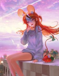 Rule 34 | 1girl, :d, absurdres, animal ears, artist name, bare legs, black choker, black hair, blue eyes, building, choker, clothes writing, extra ears, fangs, hakos baelz, hand up, handot (d yot ), headphones, highres, hololive, hololive english, long hair, looking at viewer, mouse (animal), mouse ears, mouse girl, mouse tail, mr. squeaks (hakos baelz), multicolored hair, on roof, open mouth, outdoors, red hair, rooftop, shirt, short shorts, shorts, sitting, sitting on roof, sky, smile, solo, streaked hair, sweater, tail, virtual youtuber, white hair, white shirt, white sweater