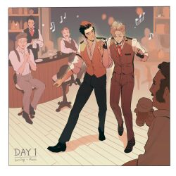 Rule 34 | 6+boys, ace attorney, alcohol, beer, beer mug, black hair, blonde hair, brown hair, brown vest, collared shirt, cup, dancing, facial hair, floor, full body, herlock sholmes, highres, holding, holding cup, indoors, long sleeves, male focus, mug, multiple boys, musical note, neck ribbon, necktie, pants, pink ribbon, ribbon, shirt, short hair, sitting, sleeves rolled up, smile, standing, the great ace attorney, the great ace attorney 2: resolve, vest, white shirt, worvies, yujin mikotoba