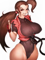 Rule 34 | 1girl, breasts, brown hair, capcom, fingerless gloves, fumio (rsqkr), genderswap, genderswap (mtf), gloves, grin, hibiki dan, highres, huge breasts, long hair, looking at viewer, ponytail, simple background, smile, solo, street fighter, street fighter zero (series), thick thighs, thighs, thumbs up, white background, wide hips