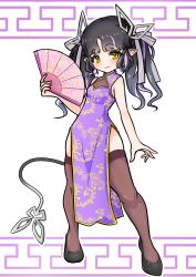 Rule 34 | 1girl, nanashi inc., alternate costume, black hair, blush, body blush, breasts, brown thighhighs, china dress, chinese clothes, closed mouth, commentary request, demon girl, demon horns, demon tail, dress, folding fan, full body, grey background, hand fan, highres, holding, holding fan, horns, kojo anna, long hair, looking at viewer, medium breasts, multicolored hair, outline, pelvic curtain, pointy ears, purple dress, purple hair, robou no stone, sleeveless, sleeveless dress, smile, solo, standing, sugar lyric, tail, thighhighs, two-tone hair, virtual youtuber, white outline, yellow eyes