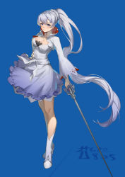 Rule 34 | 1girl, artist name, blue background, blue eyes, commentary, cro (artist), dress, highres, holding, holding sword, holding weapon, long hair, looking at viewer, ponytail, rwby, scar, scar across eye, scar on face, shoes, simple background, smile, solo, sword, very long hair, weapon, weiss schnee, white dress, white footwear, white hair