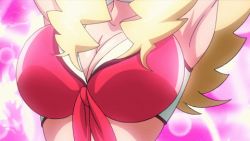Rule 34 | 10s, 1girl, animated, animated gif, armpits, arms up, blonde hair, boobies uniform, bouncing breasts, breasts, cleavage, head out of frame, honey (space dandy), large breasts, long hair, lowres, simple background, solo, space dandy