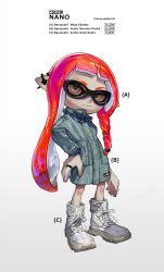 Rule 34 | 1girl, alternate costume, ange-yi, braid, closed mouth, ear piercing, english text, green jacket, hand on own hip, highres, inkling, inkling girl, inkling player character, jacket, jewelry, long hair, looking at viewer, nintendo, piercing, red hair, ring, shoes, single braid, sneakers, solo, splatoon (series), squid, standing, suction cups, sunglasses, tentacle hair