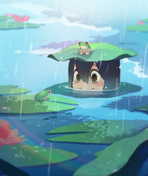 Rule 34 | 10s, 1girl, :&gt;, absurdres, animal, asui tsuyu, black eyes, black hair, blush stickers, boku no hero academia, cloud, day, eyelashes, flower, frog, hair between eyes, highres, kexue, lake, leaf, lily pad, long hair, lotus, outdoors, partially submerged, pink flower, rain, rainbow, reflection, ripples, solo