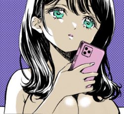 Rule 34 | black hair, breasts, cellphone, cleavage, extra, green eyes, iphone, jashin-chan dropkick, large breasts, lowres, open mouth, phone, smartphone, upper body