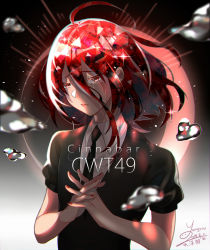 Rule 34 | 1other, absurdres, ahoge, androgynous, character name, colored eyelashes, crying, crying with eyes open, crystal hair, gem uniform (houseki no kuni), glowing, glowing hair, hair between eyes, highres, houseki no kuni, looking at viewer, mercury (element), necktie, red eyes, red hair, sad, cinnabar (houseki no kuni), short hair, signature, solo, sparkle, tears, upper body