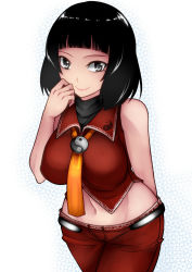 Rule 34 | 1girl, aoshima, black eyes, black hair, breasts, commentary request, highres, large breasts, leaning forward, looking at viewer, midriff, mature female, navel, pants, sendai hakurei no miko, shirt, short hair, simple background, sleeveless, sleeveless shirt, smile, solo, touhou, yin yang