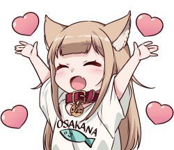 Rule 34 | 1girl, 40hara, animal ear fluff, animal ears, cat ears, closed eyes, clothes writing, collar, fang, hands up, heart, kinako (40hara), light brown hair, long hair, open mouth, original, red collar, shirt, short sleeves, simple background, solo, t-shirt, upper body, white background, white shirt