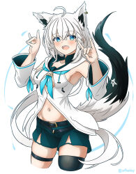 Rule 34 | 1girl, ahoge, animal ear fluff, animal ears, arthur ko, black shorts, black thighhighs, blue neckerchief, blush, braid, detached sleeves, double fox shadow puppet, fox ears, fox girl, fox shadow puppet, fox tail, front slit, hair between eyes, highres, hololive, hood, hooded vest, hoodie, long hair, looking at viewer, low ponytail, neckerchief, open mouth, paid reward available, shirakami fubuki, shirakami fubuki (1st costume), short shorts, shorts, side braid, sidelocks, simple background, single braid, single thighhigh, smile, solo, tail, teeth, thigh strap, thighhighs, upper teeth only, vest, virtual youtuber, white background, white hair, white sleeves, wide sleeves