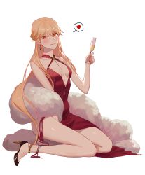 Rule 34 | 1girl, absurdres, artist name, black footwear, blonde hair, blush, braid, breasts, cup, dress, drinking glass, earrings, fur collar, girls&#039; frontline, heart, heart print, high heels, highres, jewelry, lips, long hair, looking at viewer, nail polish, official alternate costume, on floor, orange eyes, ots-14 (girls&#039; frontline), ots-14 (ruler of the banquet) (girls&#039; frontline), red dress, shoes, sitting, small breasts, sobi (dnenqkswja), solo, thighs, white background, wine glass