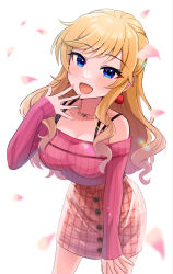 Rule 34 | 1girl, bare shoulders, blonde hair, blue eyes, bra strap, breasts, cleavage, collarbone, cowboy shot, hand on own thigh, hand to own mouth, highres, idolmaster, idolmaster cinderella girls, idolmaster cinderella girls starlight stage, jewelry, leaning forward, long hair, long sleeves, looking at viewer, medium breasts, miniskirt, necklace, off-shoulder sweater, off shoulder, ohtsuki yui, open mouth, petals, pink sweater, pleated skirt, ribbed sweater, sakura ran, sidelocks, simple background, skirt, smile, sweater, swept bangs, wavy hair, white background