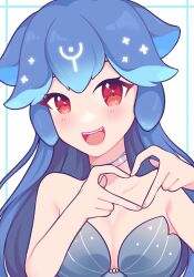 Rule 34 | 1girl, bao (vtuber), blue hair, breasts, brown eyes, cleavage, fangs, fins, heart, heart hands, highres, hyuni (hyunicat), indie virtual youtuber, jewelry, long hair, looking at viewer, medium breasts, necklace, open mouth, smile, very long hair, virtual youtuber