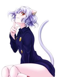 Rule 34 | 1girl, animal ears, cat ears, cat tail, finger to mouth, highres, hunter x hunter, neferpitou, no pants, other focus, short hair, simple background, smile, solo, tail, thick thighs, thighs, watarui, white background, white hair