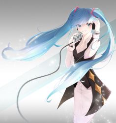 Rule 34 | 1girl, absurdres, blue eyes, blue hair, breasts, cleavage, collared shirt, crying, dress shirt, eyes visible through hair, floating hair, gradient background, grin, hair between eyes, hatsune miku, headphones, highres, holding, holding microphone, huge filesize, imsu (pixiv40837863), long hair, long sleeves, looking at viewer, medium breasts, microphone, pants, shirt, smile, solo, standing, sweat, swept bangs, tears, very long hair, vocaloid, white pants, white shirt, wing collar