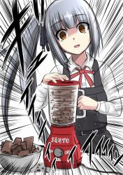 Rule 34 | 1girl, black ribbon, blender (object), bowl, brown eyes, buttons, chocolate, dress, emphasis lines, food, grey hair, h2 (h20000000), hair ribbon, highres, holding, kantai collection, kasumi (kancolle), kasumi kai ni (kancolle), long hair, long sleeves, motion lines, neck ribbon, ponytail, red ribbon, ribbon, shaded face, shirt, side ponytail, simple background, solo, sound effects, translation request, valentine, white background, white shirt