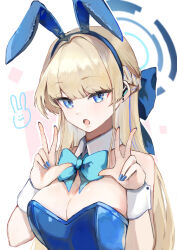 1girl absurdres animal_ears blonde_hair blue_archive blue_eyes blue_halo blue_leotard bow bowtie breasts commentary detached_collar double_v fake_animal_ears halo highres koyuuuuuuuuuuu leotard long_hair looking_at_viewer official_alternate_costume playboy_bunny rabbit_ears solo strapless strapless_leotard thighhighs toki_(blue_archive) toki_(bunny)_(blue_archive) v white_thighhighs wrist_cuffs