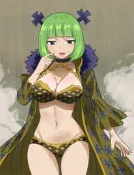 Rule 34 | 1girl, brandish mew, breasts, cleavage, fairy tail, gaston18, green eyes, green hair, highres, large breasts, navel, revealing clothes, solo, stomach