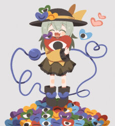 Rule 34 | 1girl, :d, ^ ^, black footwear, black hat, black skirt, blush, bow, chibi, closed eyes, facing viewer, fang, film grain, frilled skirt, frills, full body, grey background, grey hair, hat, hat bow, heart, heart of string, holding, holding heart, hugging object, komeiji koishi, long hair, long sleeves, miniskirt, no lineart, open mouth, pigeon-toed, pile, shoes, simple background, skin fang, skirt, smile, solo, standing, sweater, third eye, touhou, yellow bow, yellow sweater, zunusama