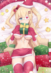 Rule 34 | 1girl, akai haato, bauble, blonde hair, blue eyes, box, breasts, capelet, christmas, christmas ornaments, eyepatch, fur-trimmed gloves, fur-trimmed legwear, fur trim, gift, gift box, gloves, gluteal fold, hat, highres, hololive, joko jmc, long hair, lying, medical eyepatch, miniskirt, navel, no bra, on back, red gloves, red thighhighs, santa hat, short twintails, skirt, smile, snowflakes, solo, star (symbol), thighhighs, twintails, underboob, virtual youtuber