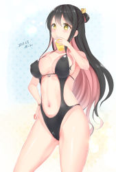 Rule 34 | 10s, 1girl, 2017, alternate costume, black hair, black one-piece swimsuit, breasts, casual one-piece swimsuit, clothing cutout, covered erect nipples, cowboy shot, dated, drinking, drinking straw, gluteal fold, hair ribbon, hand on own hip, highres, kantai collection, large breasts, multicolored hair, naganami (kancolle), navel cutout, one-piece swimsuit, open mouth, pink hair, ponytail, ribbon, sakiryo kanna, shiny clothes, shiny skin, sideboob, solo, swimsuit, thighs, two-tone hair, wavy hair, yellow eyes