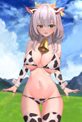 Rule 34 | 1girl, :d, absurdres, andamiro, animal ears, animal print, bell, bikini, bikini pull, blue sky, breasts, clothes pull, cloud, cow ears, cow horns, cow print, cowbell, cowboy shot, day, detached collar, detached sleeves, ear tag, field, gluteal fold, grass, green eyes, grey hair, highres, hololive, horns, large breasts, looking at viewer, mountain, navel, neck bell, open mouth, outdoors, print bikini, print sleeves, print thighhighs, pulled by self, shirogane noel, sky, smile, solo, stomach, swimsuit, thigh gap, thighhighs, thighs, virtual youtuber, wrist cuffs