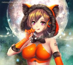 Rule 34 | 1girl, :q, animal costume, artist name, beamed quavers, bow, bowtie, breasts, brown hair, elbow gloves, female focus, full moon, gloves, headphones, hood, large breasts, looking at viewer, mabong1989, meiko (vocaloid), moon, musical note, orange gloves, pham thai chau, pink eyes, solo, tongue, tongue out, treble clef, upper body, vocaloid, watermark, web address, wolf costume