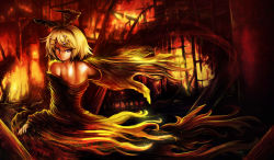 Rule 34 | 1girl, back, bare shoulders, blonde hair, bow, burning, fire, hair bow, hair ornament, highres, kagamine rin, looking back, md5 mismatch, purple eyes, resolution mismatch, short hair, solo, source smaller, swept bangs, vocaloid, yilx