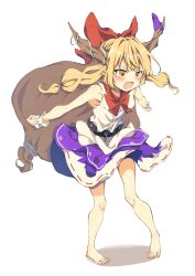 Rule 34 | 1girl, absurdres, angry, bare legs, barefoot, belt, black belt, blonde hair, blush, bow, bowtie, commentary request, fang, flat chest, full body, hair bow, highres, horn ornament, horn ribbon, horns, ibuki suika, long hair, looking afar, low-tied long hair, medium bangs, open mouth, pigeon-toed, pointy ears, purple ribbon, purple skirt, red bow, red bowtie, ribbon, ribbon-trimmed skirt, ribbon trim, seika okawari, shirt, shouting, simple background, skirt, sleeveless, sleeveless shirt, solo, torn clothes, torn shirt, touhou, v-shaped eyebrows, very long hair, white background, white shirt, wrist cuffs, yellow eyes
