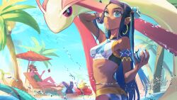 Rule 34 | 2girls, absurdres, alolan exeggutor, alolan form, alternate costume, aqua eyes, aqua hair, armlet, ass, barefoot, beach umbrella, belly chain, bikini, black hair, blue eyeshadow, chinese commentary, closed mouth, commentary request, coo2co2, creatures (company), dark-skinned female, dark skin, dated, day, dive ball, earclip, earrings, eyelashes, eyeshadow, game freak, gen 3 pokemon, gen 4 pokemon, gen 7 pokemon, gen 8 pokemon, green one-piece swimsuit, hair bun, hands up, highres, holding, holding poke ball, hoop earrings, jewelry, long hair, makeup, milotic, multicolored hair, multiple girls, necklace, nessa (pokemon), nintendo, one-piece swimsuit, orange hair, outdoors, palm tree, poke ball, pokemon, pokemon (creature), pokemon swsh, ribs, rotom, rotom phone, sand, signature, single hair bun, sonia (pokemon), sports bra, swimsuit, tankini, toxapex, tree, two-tone hair, umbrella, water drop, yamper