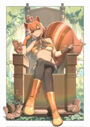 Rule 34 | 1girl, animal ears, blazblue, boots, breasts, brown hair, chair, crown, day, fingerless gloves, food, forest, fruit, gloves, highres, kiseru, large breasts, looking at viewer, makoto nanaya, nature, no bra, outdoors, revealing clothes, short hair, sitting, sleeveless, smoking, smoking pipe, squirrel, squirrel ears, squirrel tail, tail, thong, throne, tree, underboob, white hair