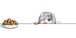 Rule 34 | 1girl, ^^^, blue eyes, chicken (food), commentary request, fried chicken, grey hair, hair ornament, hair over one eye, hairclip, hama! (3toshinhmkz), hamakaze (kancolle), kantai collection, no nose, short hair, simple background, solo, table, upper body, white background