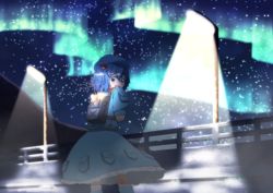 Rule 34 | 1girl, antennae, aurora, backpack, bag, blue eyes, blue footwear, blue hair, blush, boots, frilled skirt, frills, from behind, hair bobbles, hair ornament, hat, kawashiro nitori, lamppost, looking at viewer, looking back, matching hair/eyes, night, night sky, open mouth, pocket, rubber boots, shirt, short hair, short sleeves, skirt, skirt set, sky, solo, star (sky), starry sky, tat rous, touhou, twintails, two side up