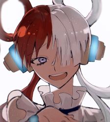 Rule 34 | 1girl, artist request, dress, hand on own chest, headphones, highres, long hair, multicolored hair, one piece, one piece film: red, open mouth, shaded face, smile, solo, two-tone hair, upper body, uta (one piece), very long hair, white background, white dress