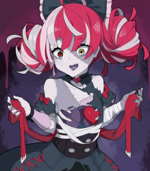Rule 34 | 1girl, bandaged arm, bandages, bare shoulders, big hair, black bow, black dress, blood, bow, colored skin, double bun, dress, frilled sleeves, frills, grey hair, grey skin, hair between eyes, hair bow, hair bun, heart, heart (organ), heterochromia, highres, hololive, hololive indonesia, kureiji ollie, kurokitsune (float0108), looking at viewer, lungs, multicolored hair, open mouth, organs, patchwork skin, pink hair, red bow, red eyes, red hair, red ribbon, ribbon, ribs, short hair, solo, stitched arm, stitched face, stitched torso, stitches, sweatdrop, torn clothes, torn dress, untied, virtual youtuber, yellow eyes, zombie