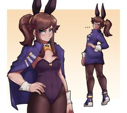Rule 34 | 1girl, a hat in time, aged up, animal ears, black leotard, blue eyes, blush, bow, bowtie, breasts, brown hair, brown pantyhose, cleavage, closed mouth, fake animal ears, hand on own hip, hannesfkr, hat kid, leotard, multiple views, pantyhose, playboy bunny, purple footwear, rabbit ears, shoes, short hair, short ponytail, sidelocks, small breasts, sneakers, solo, swept bangs, wrist cuffs, yellow bow, yellow bowtie