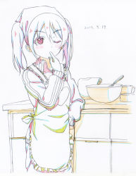 Rule 34 | 1girl, apron, bowl, colored pencil (medium), dated, flour, green apron, hand on own hip, head scarf, highres, licking, licking finger, long sleeves, love live!, love live! school idol project, makicha (sasurainopink), one eye closed, red eyes, short hair, solo, sweater, traditional media, twintails, whisk, wing collar, yazawa nico