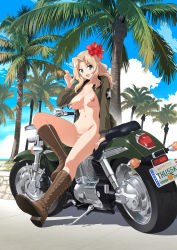 Rule 34 | 1girl, bar censor, blonde hair, blue eyes, blue sky, boots, breasts, breasts out, brown footwear, brown jacket, censored, coat, commentary request, day, female pubic hair, flower, full body, girls und panzer, hair flower, hair ornament, hibiscus, highres, jacket, kay (girls und panzer), knee boots, knee up, large breasts, long hair, long sleeves, looking at viewer, motor vehicle, motorcycle, naked coat, navel, nipples, no panties, nude, open clothes, open jacket, outdoors, outstretched arms, palm tree, parted bangs, pubic hair, public indecency, pussy, red flower, schelz, sky, solo, star (symbol), stomach, tree, zenra