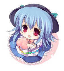 Rule 34 | 1girl, :d, bad id, bad pixiv id, blue hair, bow, chibi, food, fruit, hat, hinanawi tenshi, holding, looking at viewer, lowres, open mouth, peach, red eyes, smile, solo, touhou, yukimiya (parupunta)